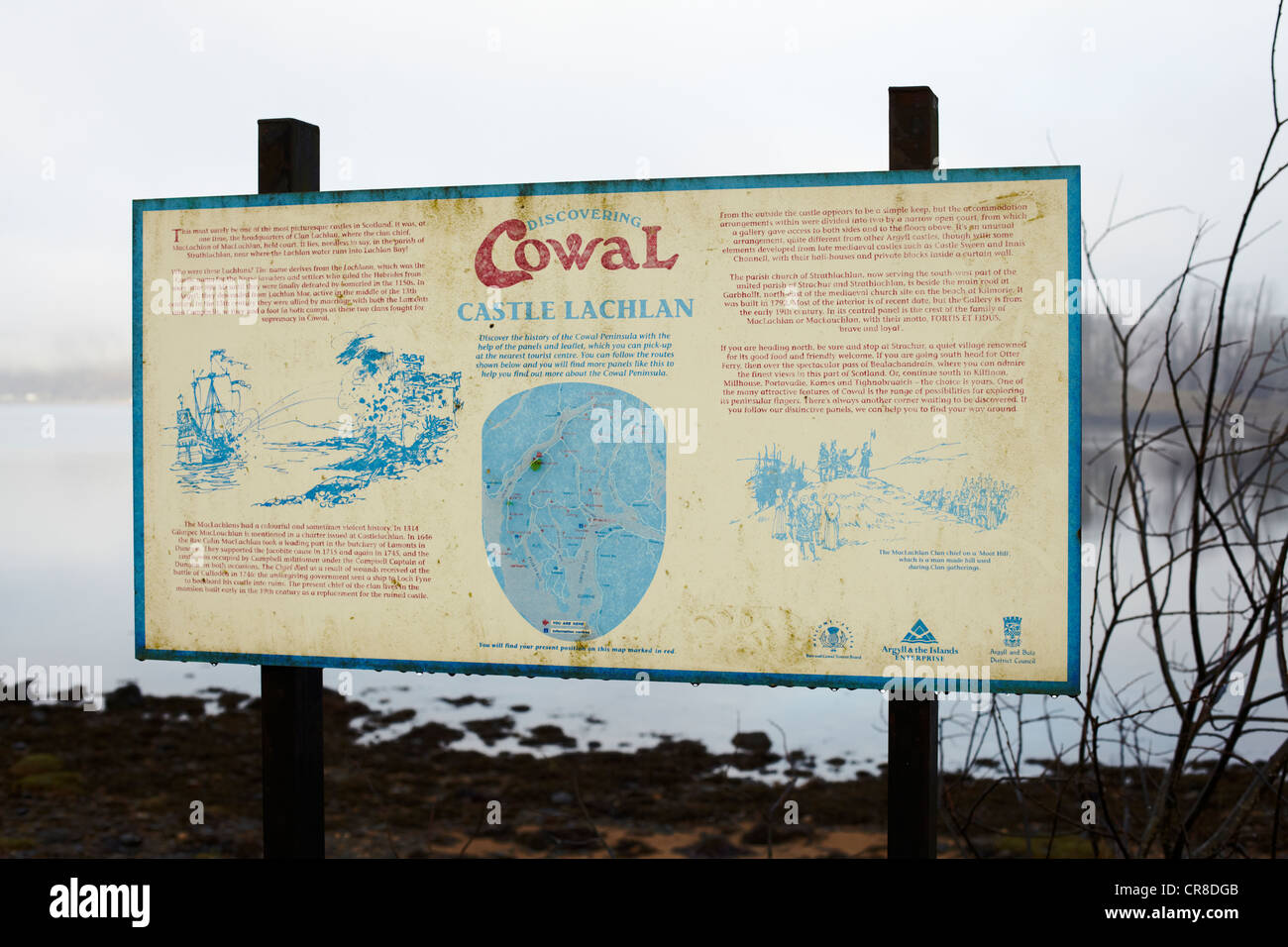 Old Lachlan Castle Information Board. Argyll Stock Photo