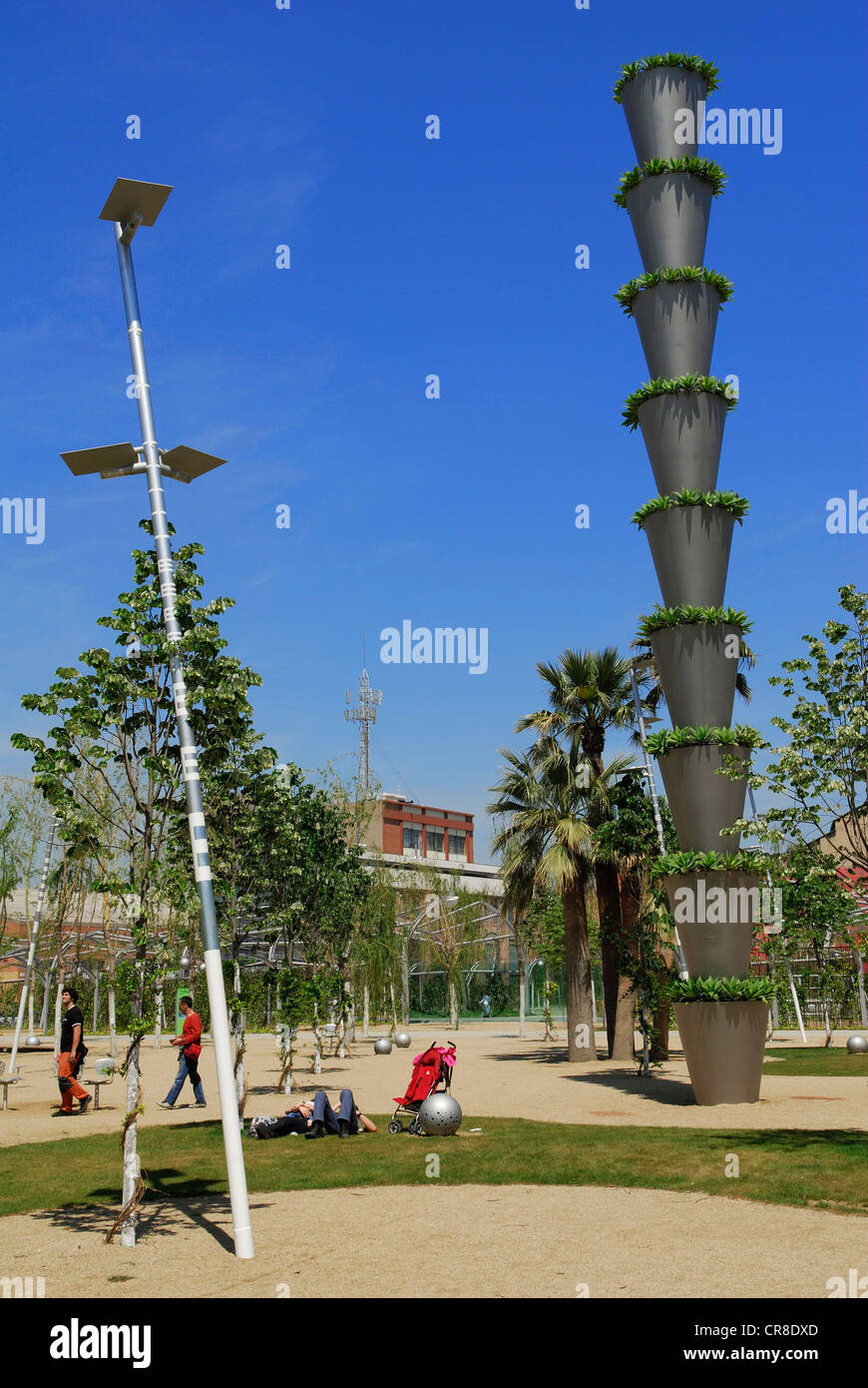 Spain, Catalonia, Barcelona, the Central Park of Poblenou by the architect Jean Nouvel, Avinguda Diagonal at the angle with Stock Photo