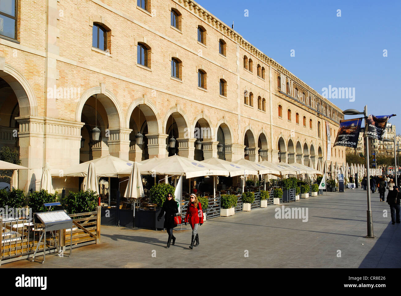 Spain Catalonia Barcelona Promenade facing Port Vell old harbour where is Palau del Mar housing Museum of History of Catalonia Stock Photo