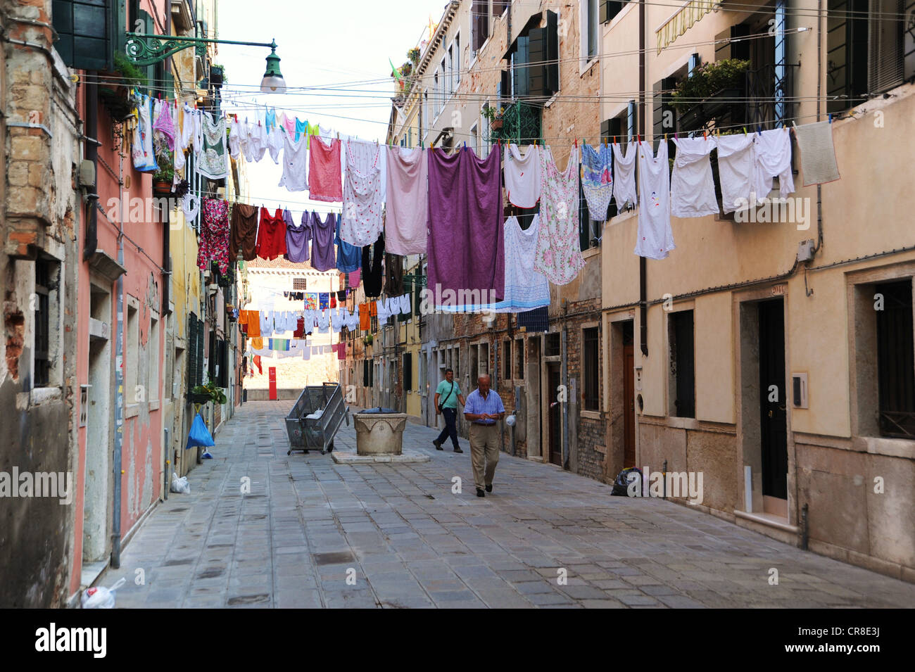 Clotheslines stretched across an alleyway, Venice, Italy, Europe Stock