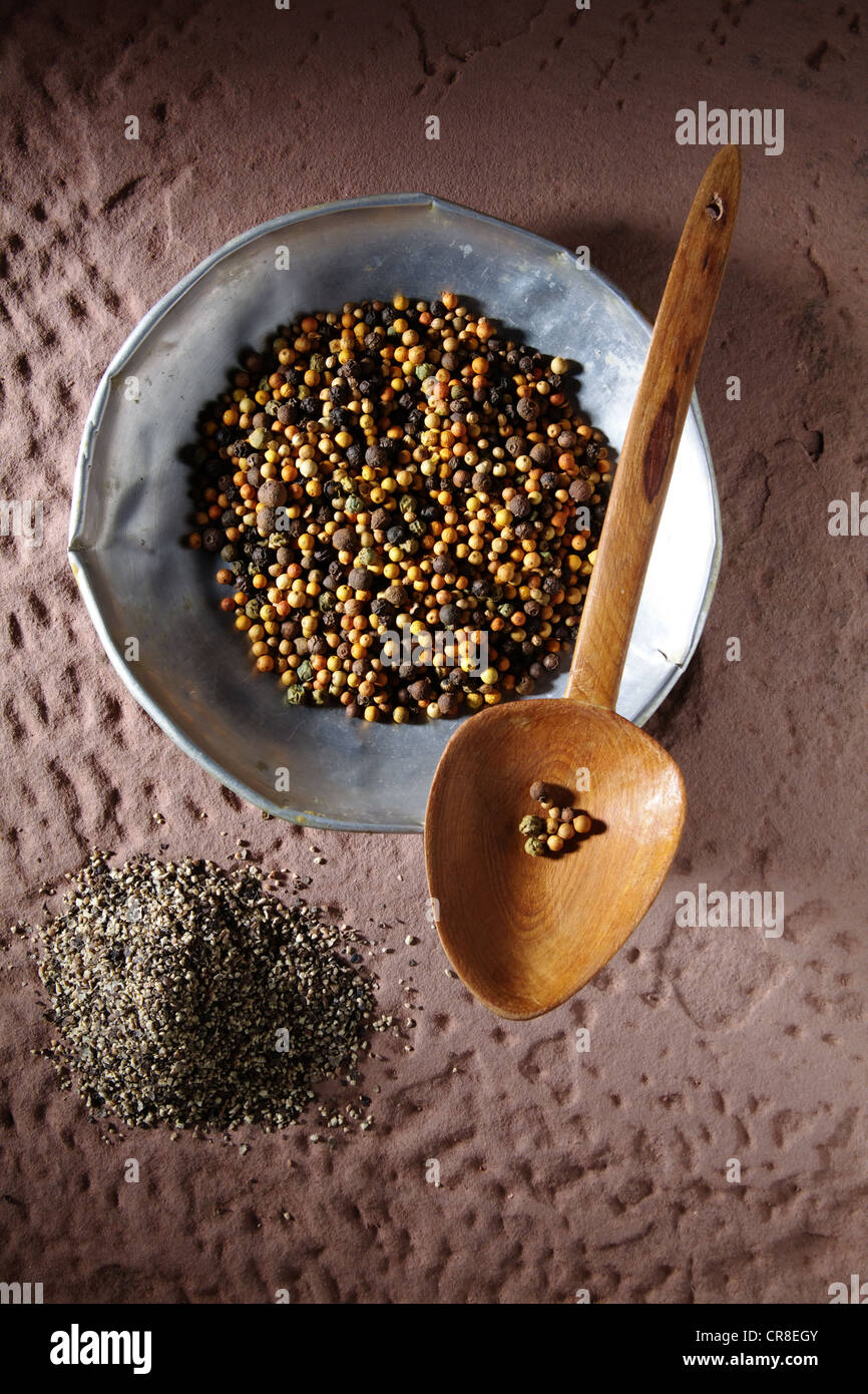 Colourful peppercorns (Piper nigrum) on a metal plate with a wooden spoon and coarsely ground pepper on a rustic stone base Stock Photo