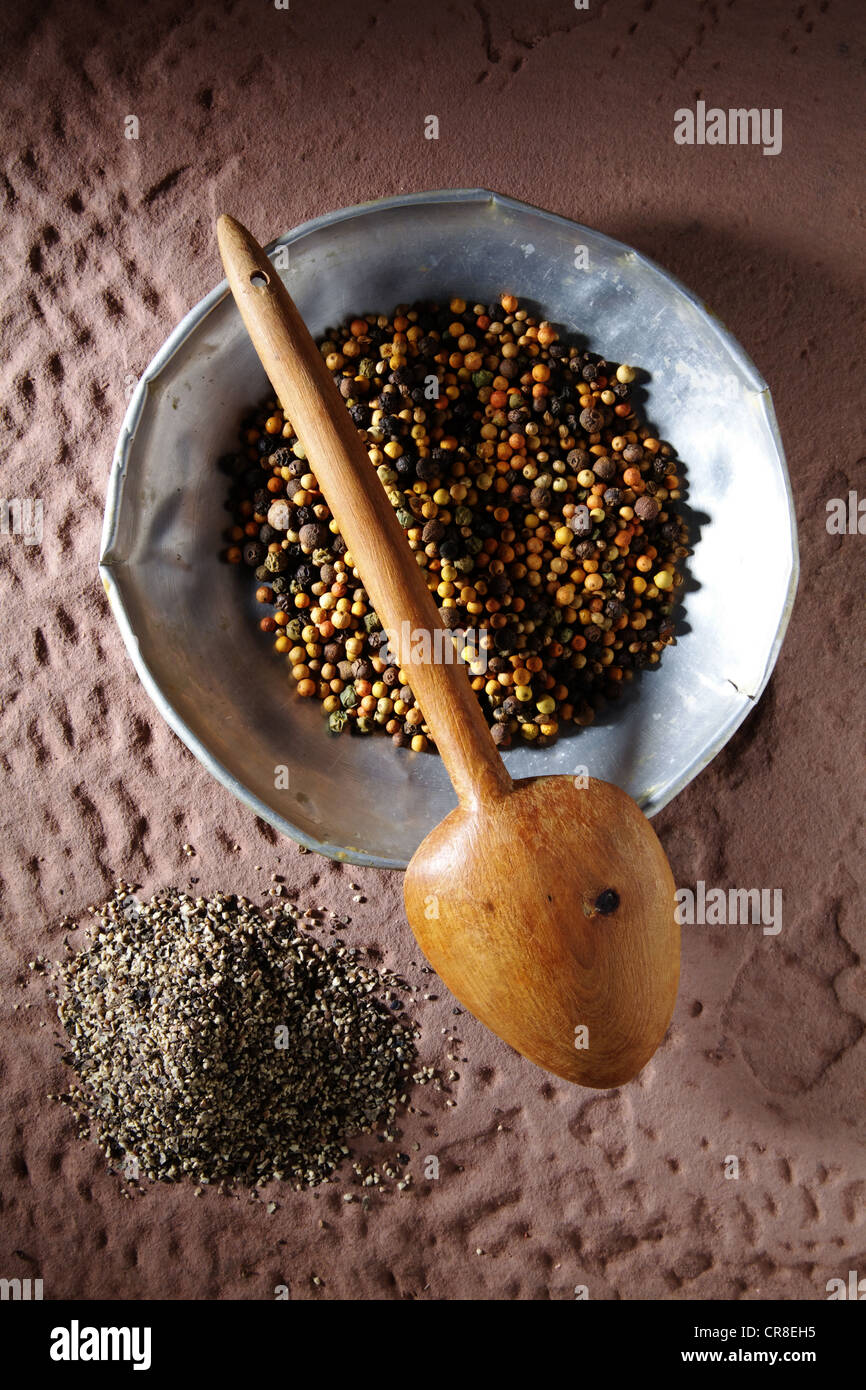 Colourful peppercorns (Piper nigrum) on a metal plate with a wooden spoon and coarsely ground pepper on a rustic stone base Stock Photo