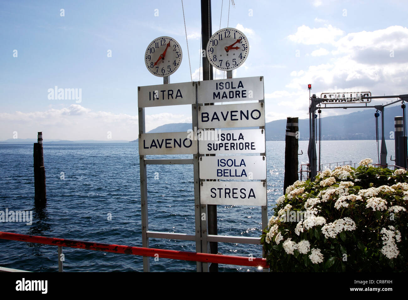 Departure times for trips on the jetty in Baveno, Lake Maggiore, Piedmont, Italy, Europe Stock Photo