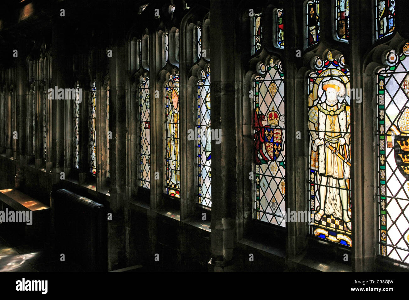 The Stained glass windows leading to the Cloisters of Bristol City Cathedral Stock Photo Alamy