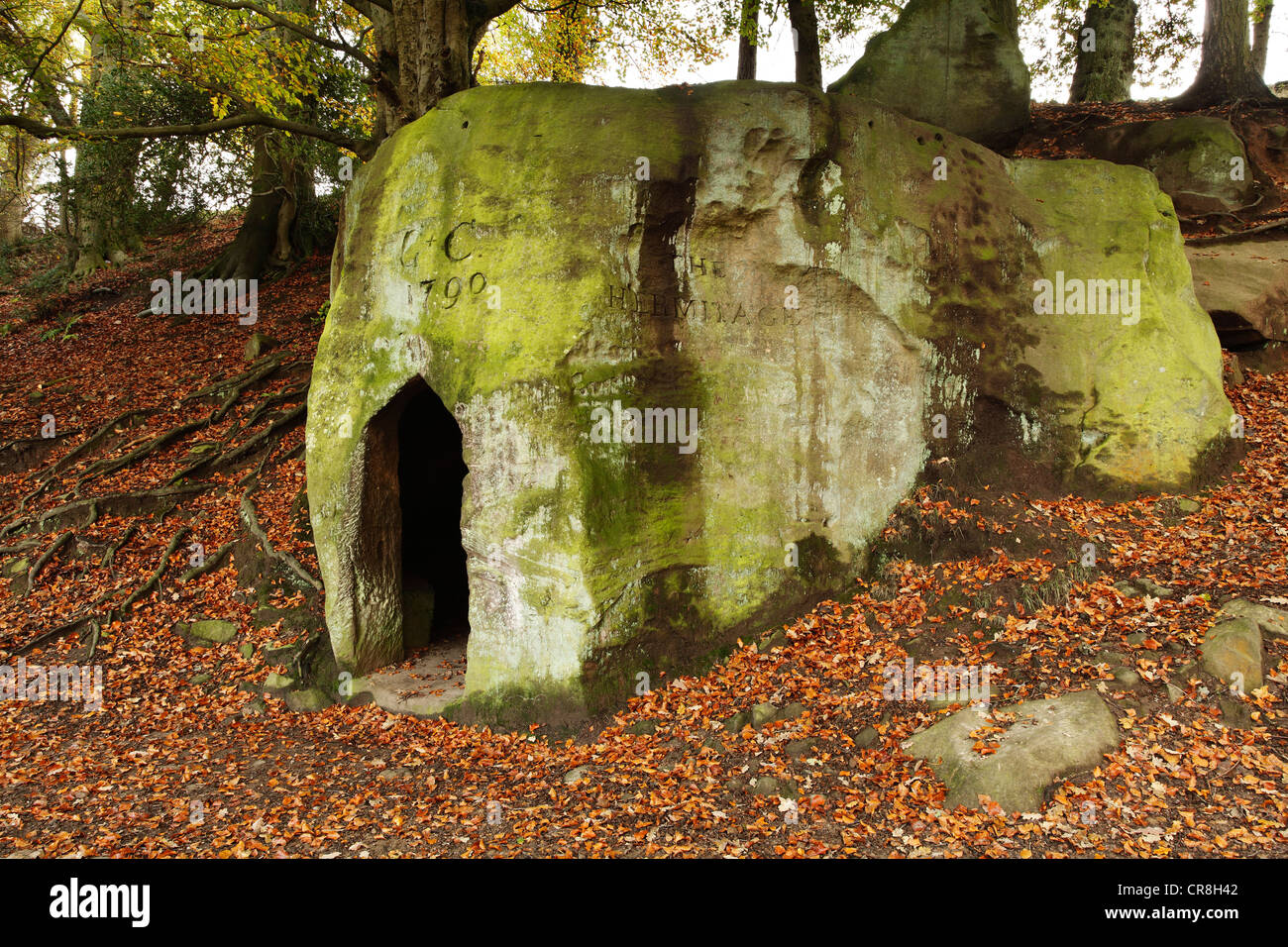 The Hermitage folly carved from solid rock at May Beck, Sneaton Forest, North Yorkshire 1790 Stock Photo