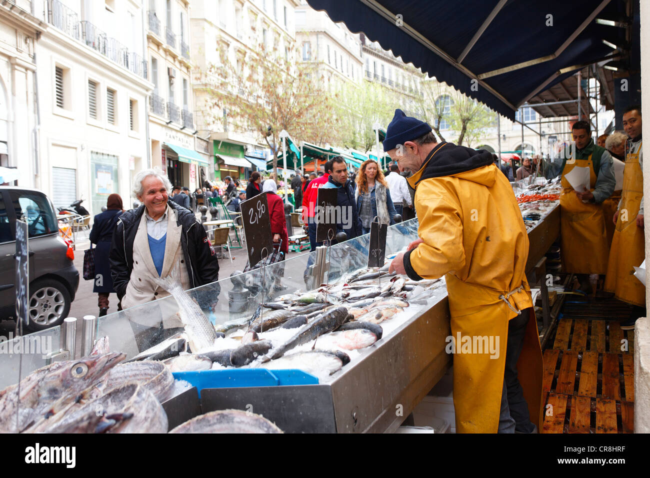 France, Bouches du Rhone, Marseille, fishmonger on Capucins market square Stock Photo
