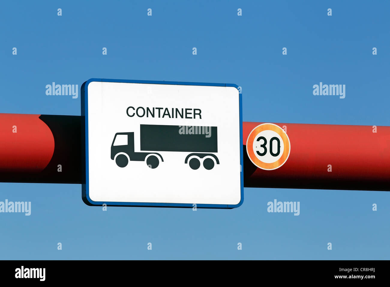 Sign with a pictogram of a container truck at the entrance to the Container Terminal Burchardkai, container transport Stock Photo
