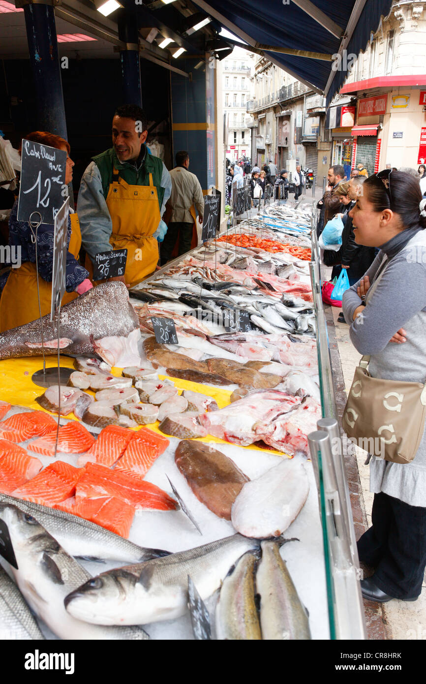 France, Bouches du Rhone, Marseille, fishmonger on Capucins market square Stock Photo