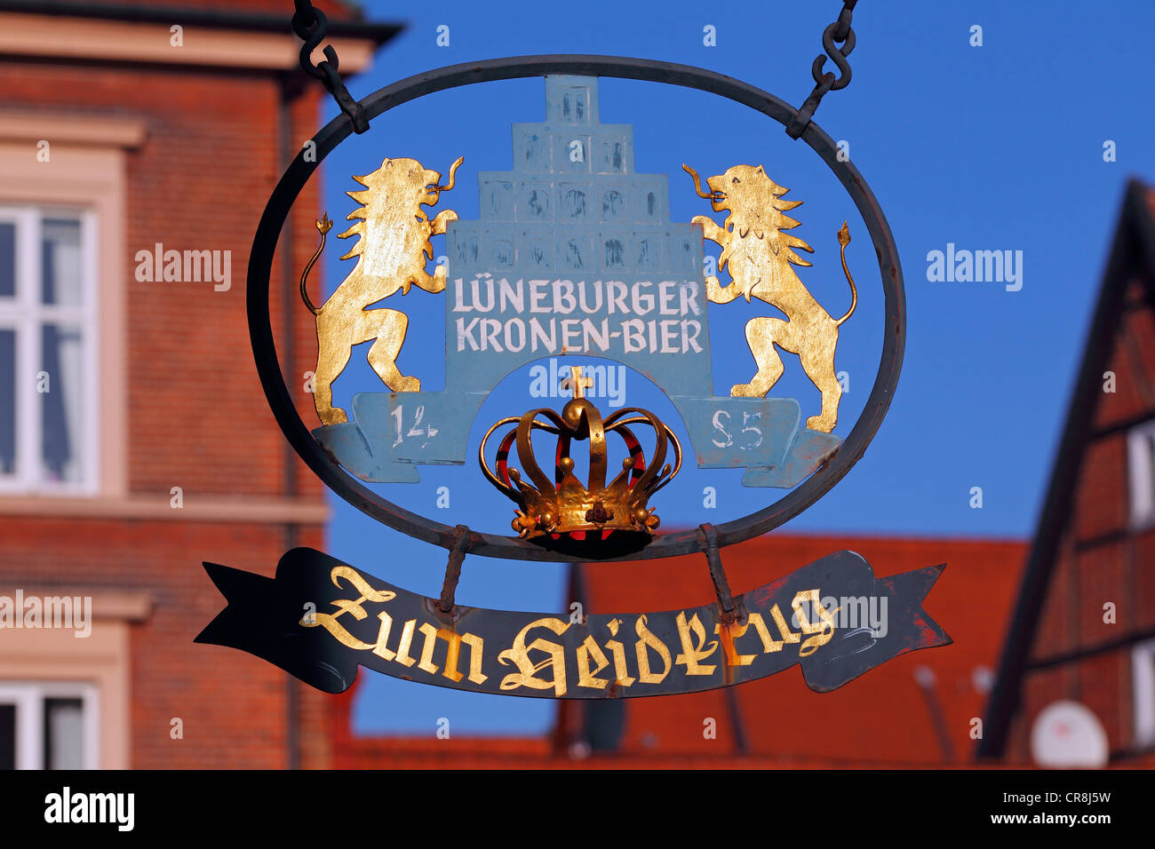 Sign of the Lueneburger Kronen-Bier brewery in front of the Hotel and Restaurant Zum Heidkrug in the historic old town Stock Photo