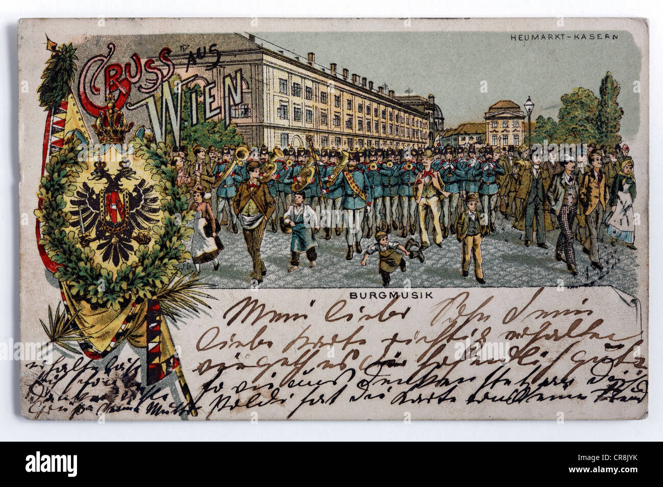 Greetings from Vienna, military band marching in front of Heumarkt barracks, Vienna, Austria, historical postcard Stock Photo