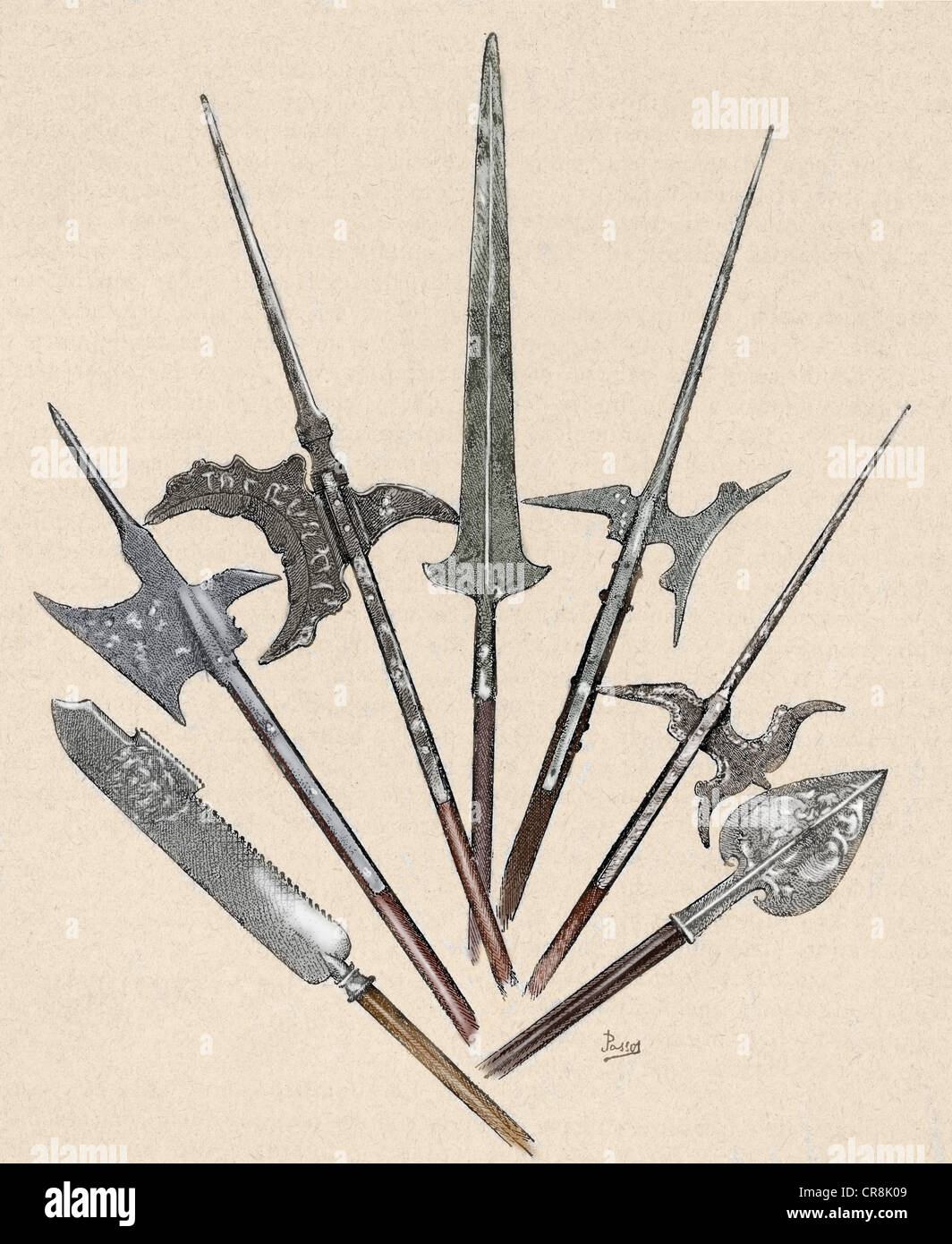 Weapons. Halberds and spearhead. Colored engraving. Stock Photo