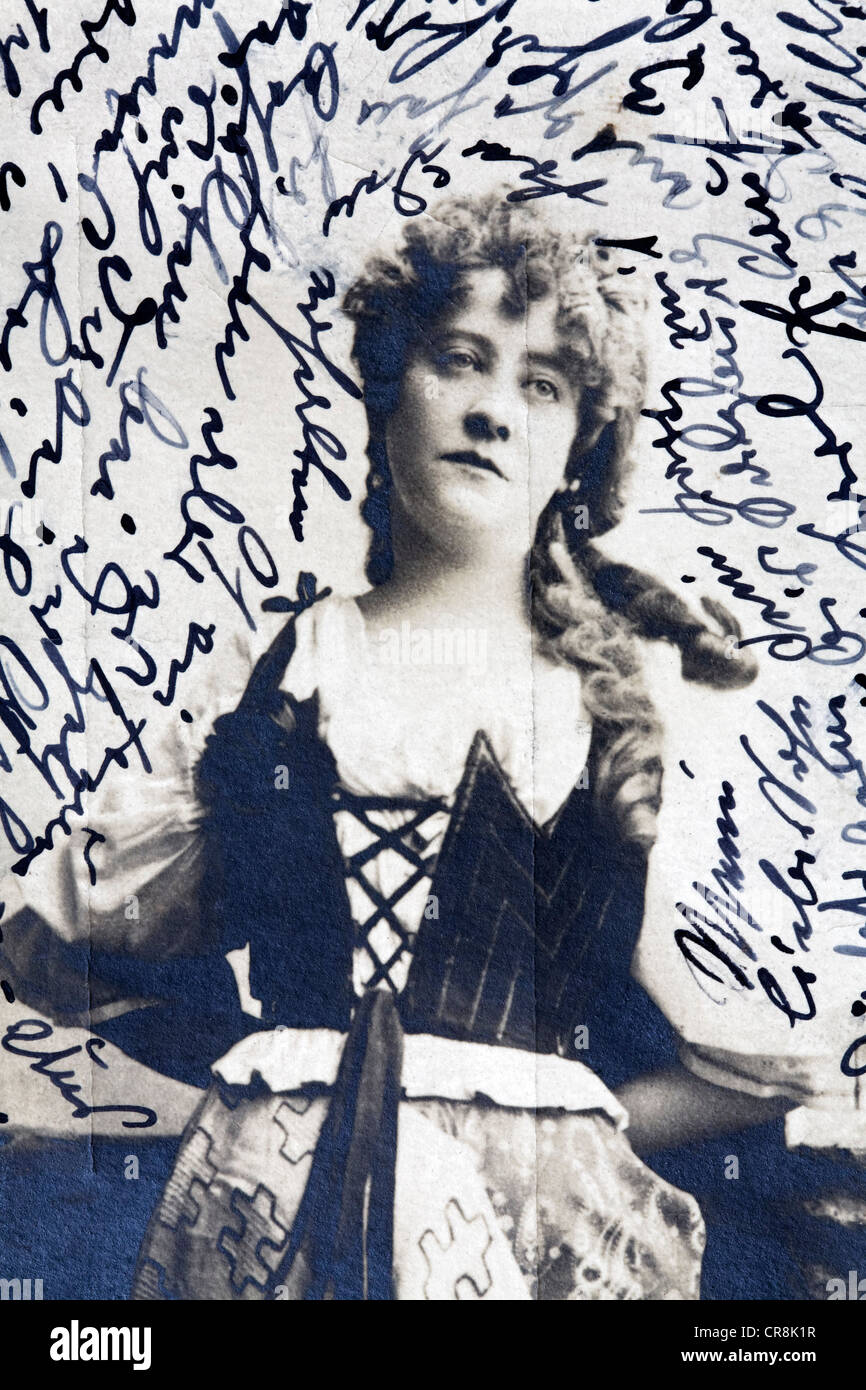 Figure of woman with sad face, historic postcard, writing in Suetterlin script, around 1900 Stock Photo