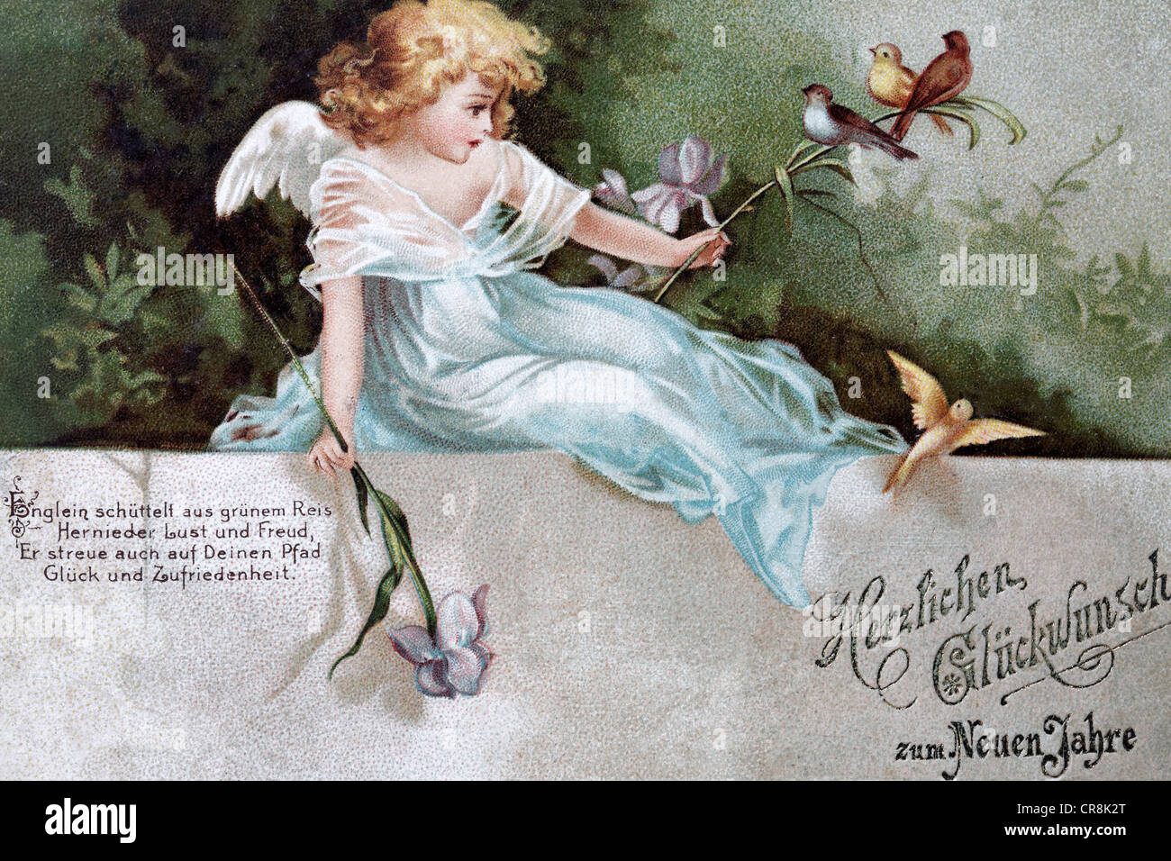 New Year's card with angels and saying, historic postcard, around 1900, kitsch Stock Photo