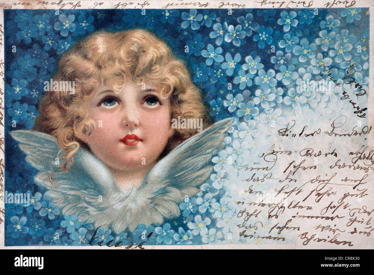Historic Christmas card with angel, around 1900, writing in Suetterlin script, kitsch Stock Photo
