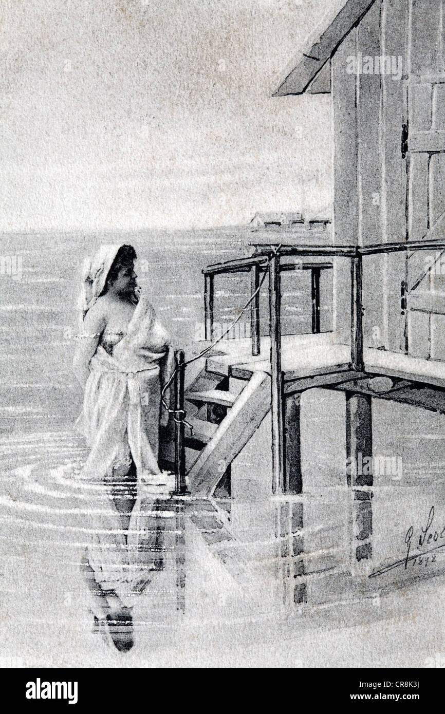 Veiled woman climbing out of lake, in front of bathing hut, historic postcard, around 1900 Stock Photo