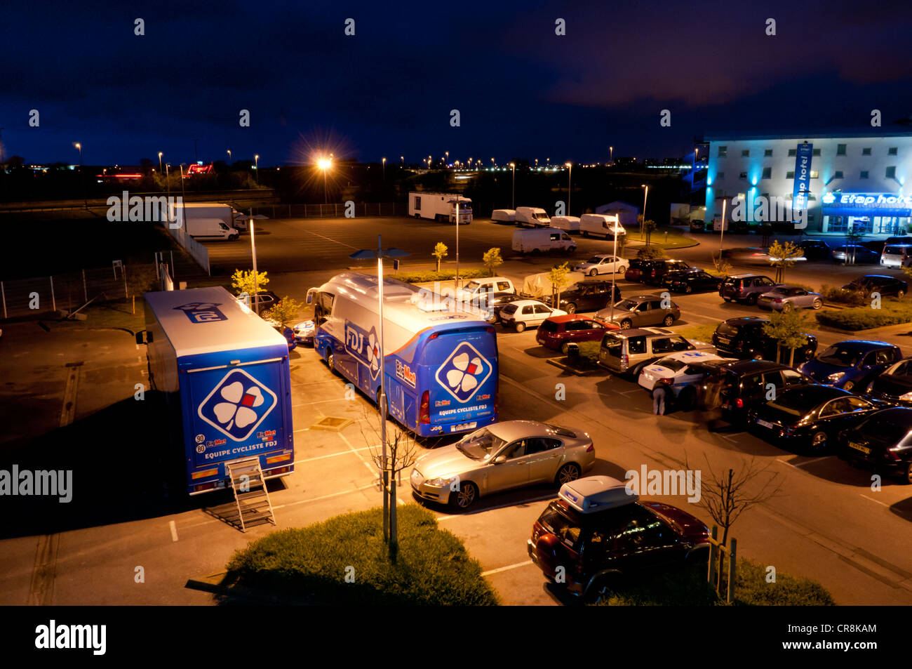 A French hotel car park at night. Stock Photo