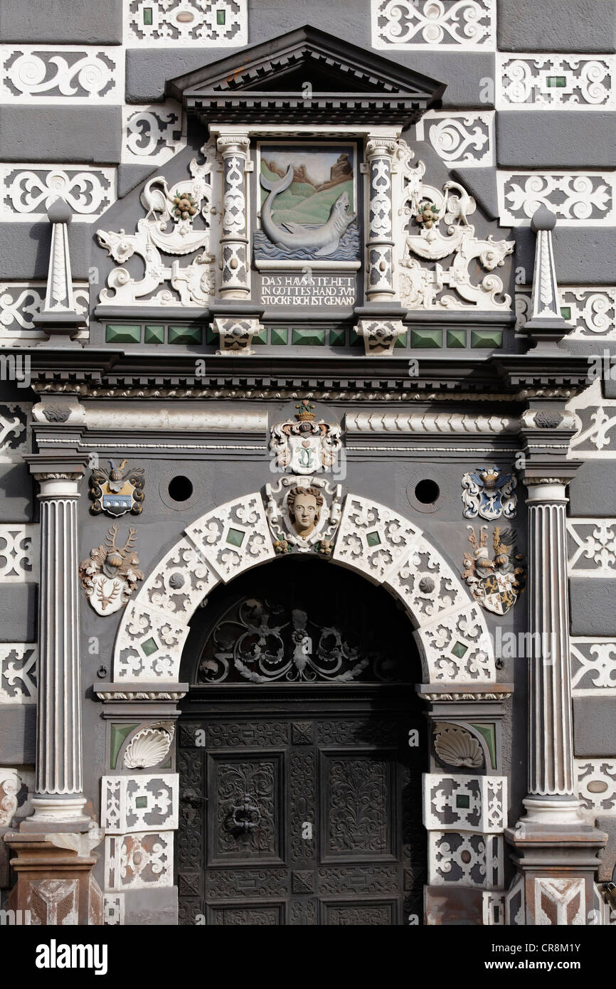 Renaissance portal with sculptural decoration, 'Haus zum Stockfish' town museum, Erfurt, Thuringia, Germany, Europe Stock Photo