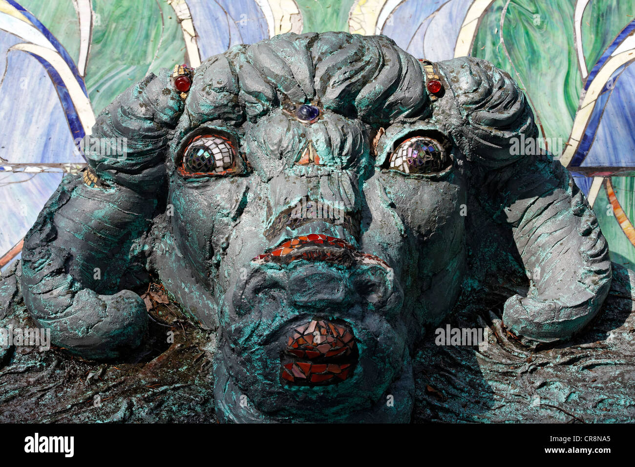 Head of a fantasy figure, Nymphaeum Omega fountain, Ernst Fuchs Museum, former mansion of architect Otto Wagner, Vienna, Austria Stock Photo