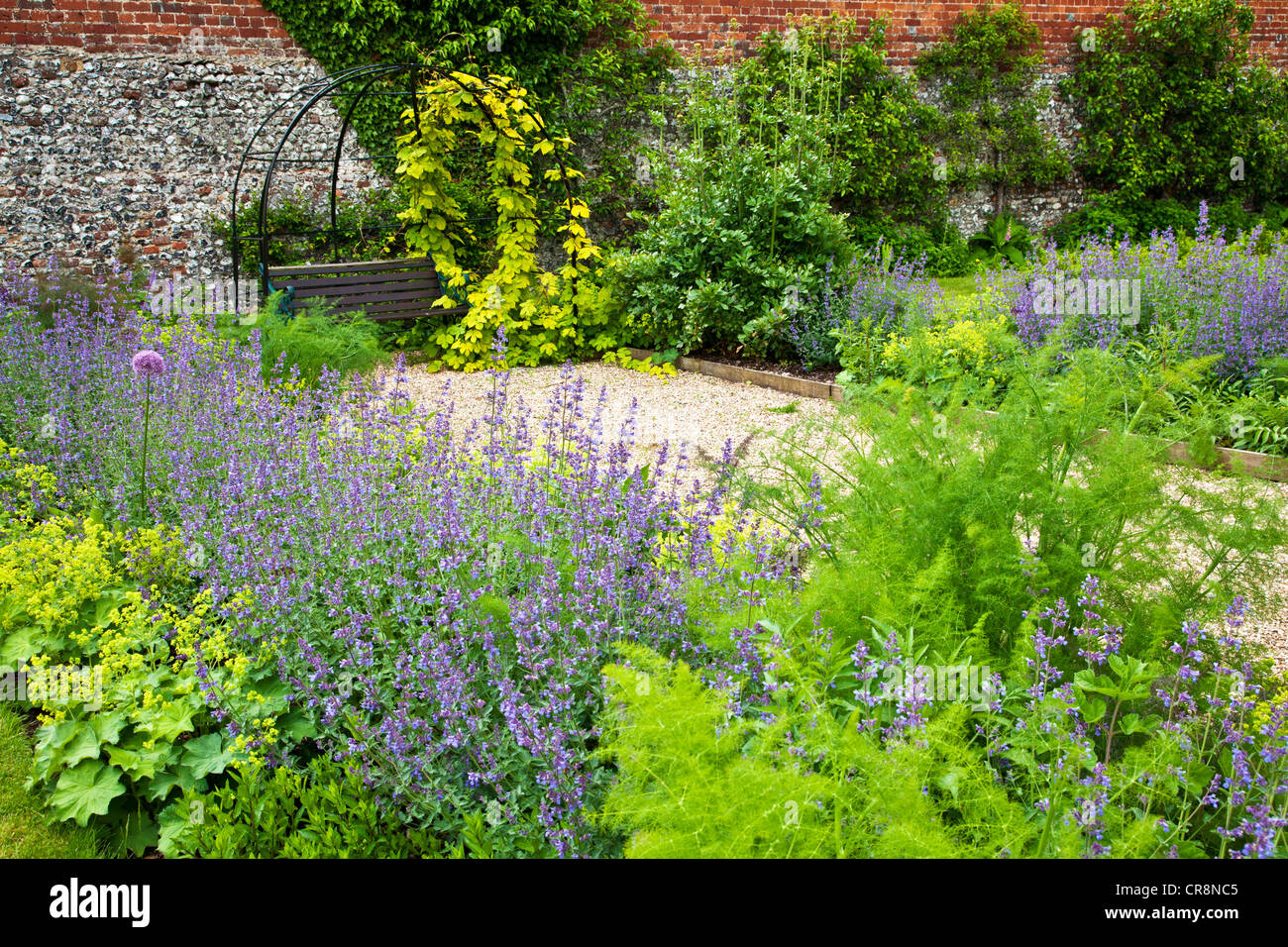 Herb borders lining a gravel path leading to an arbour covered bench in the garden of Littlecote Manor in Berkshire, England, UK Stock Photo