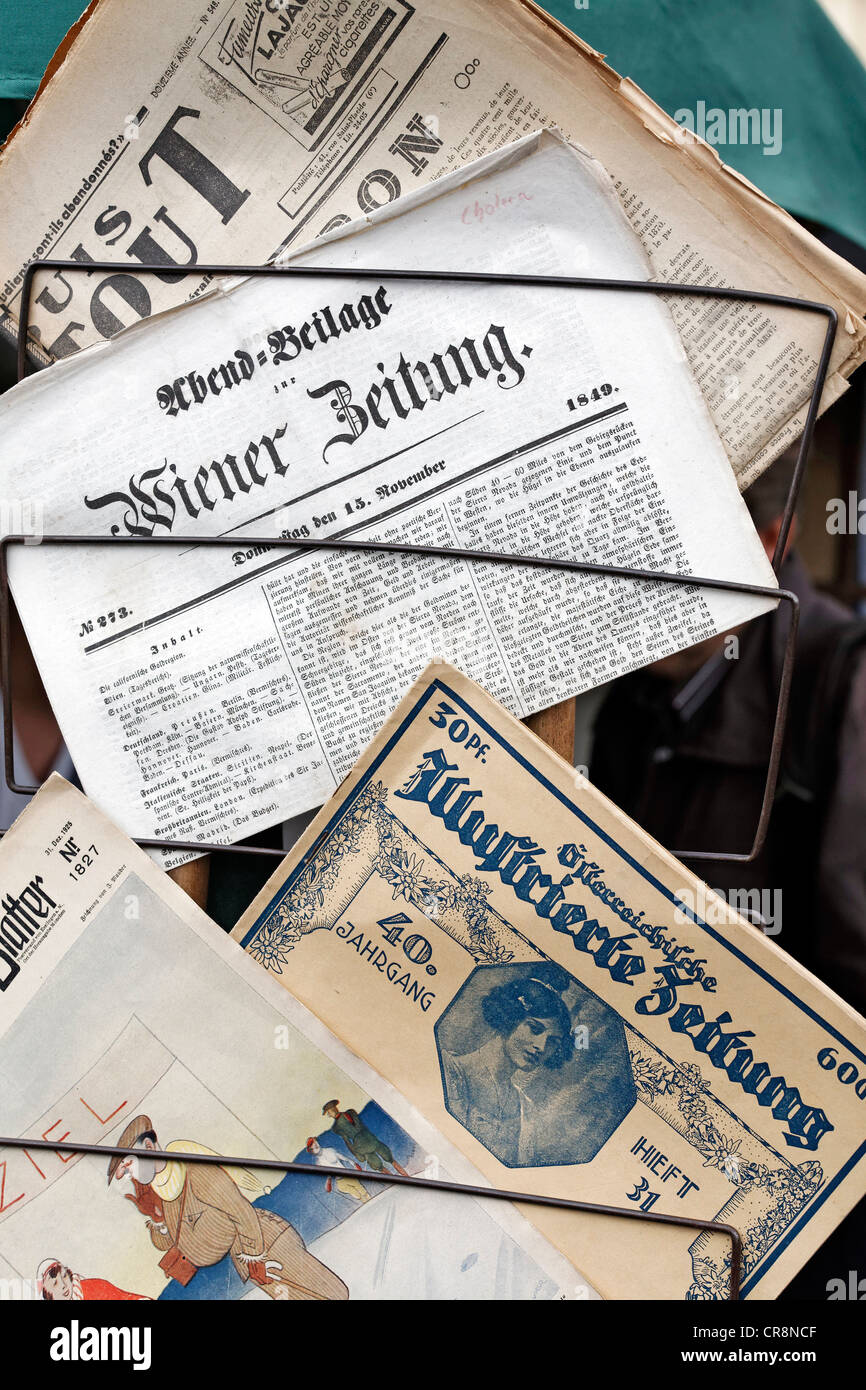 Historical Austrian newspapers for sale, flea market, Naschmarkt market, Wienzeile street, Vienna, Austria, Europe Stock Photo