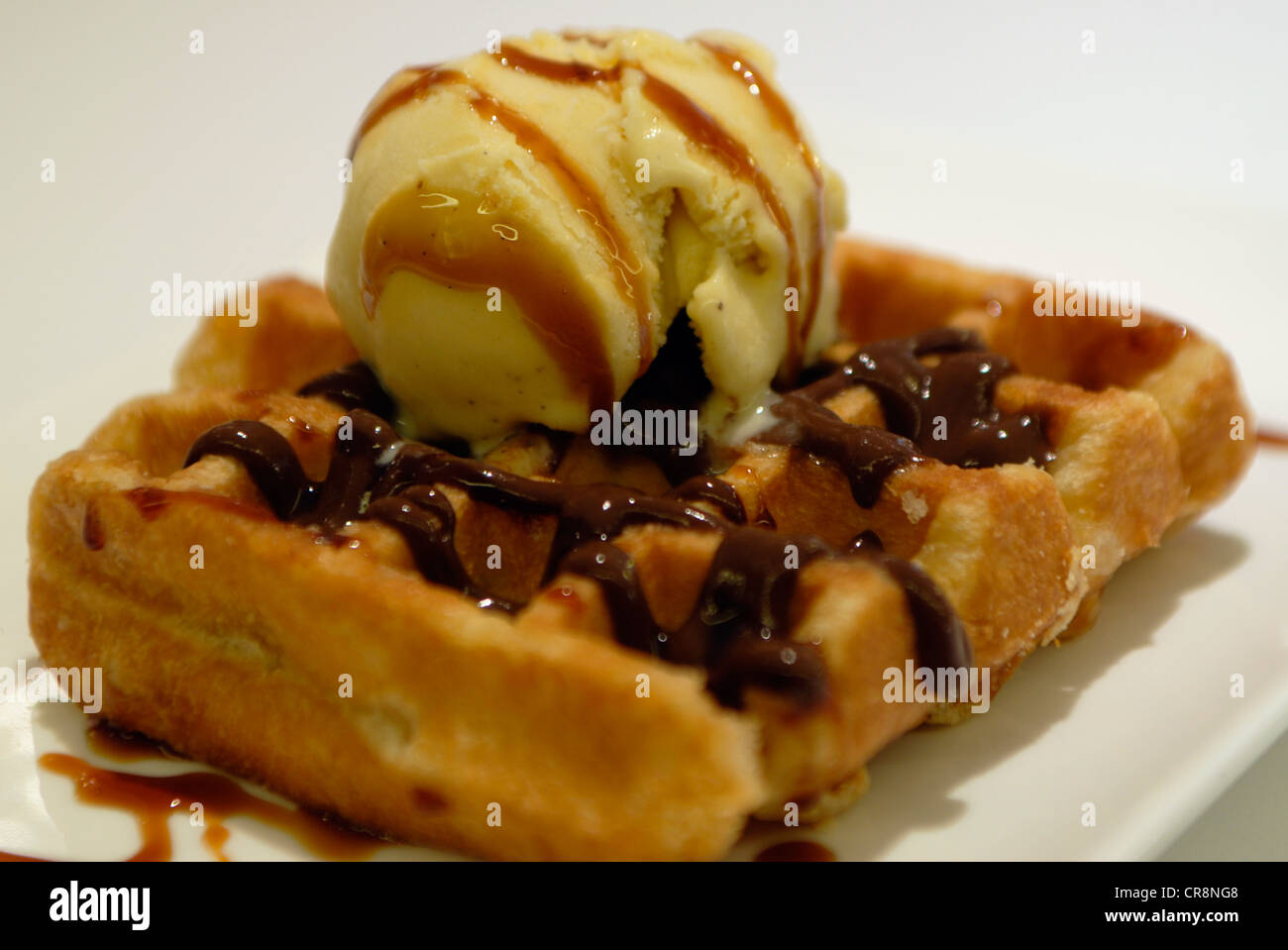 Waffle with vanilla and chocolate in a Bar in Barcelona, Spain Stock