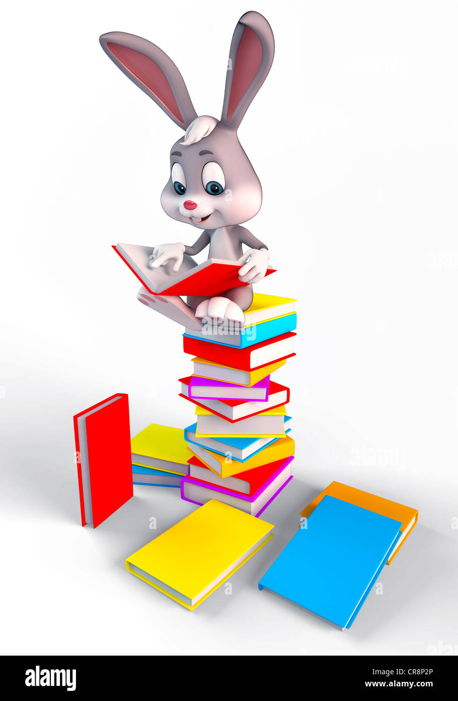 side view of bunny with lots of books isolated with white Stock Photo