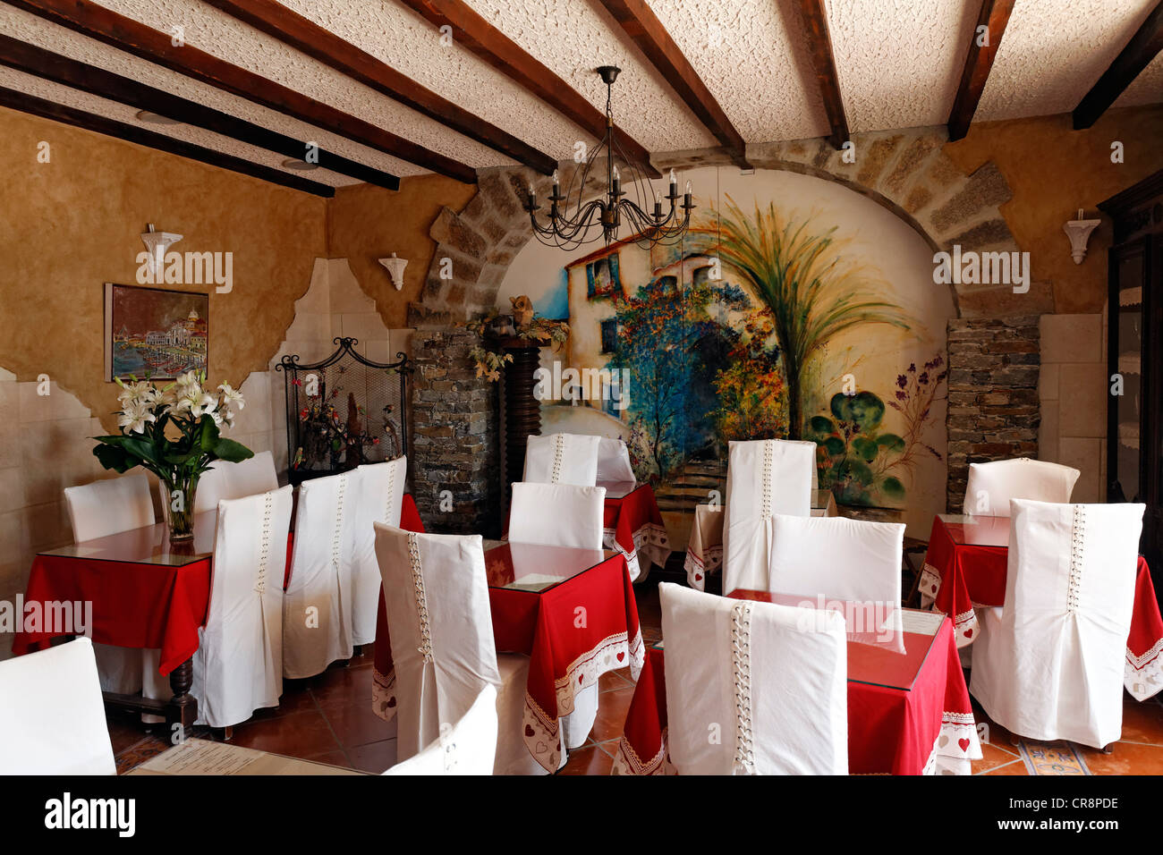 Decorated breakfast room, chairs with chair covers, Le Grand Hotel Bormes-les-Mimosas hotel, Provence-Alpes-Côte d'Azur region Stock Photo