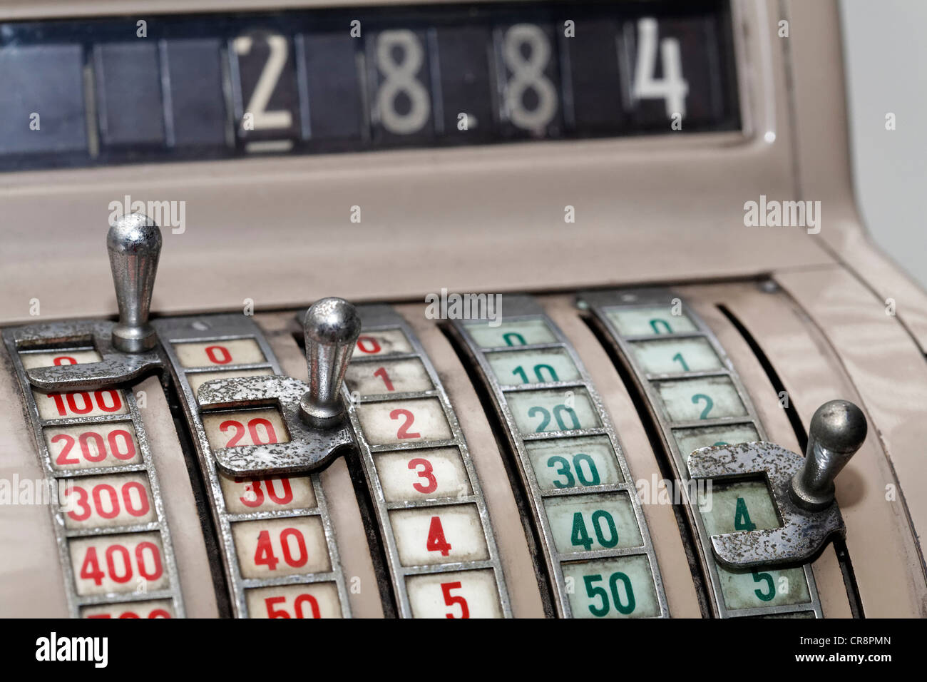 Old mechanical cash register with slides from the 1950s, Germany, Europe Stock Photo