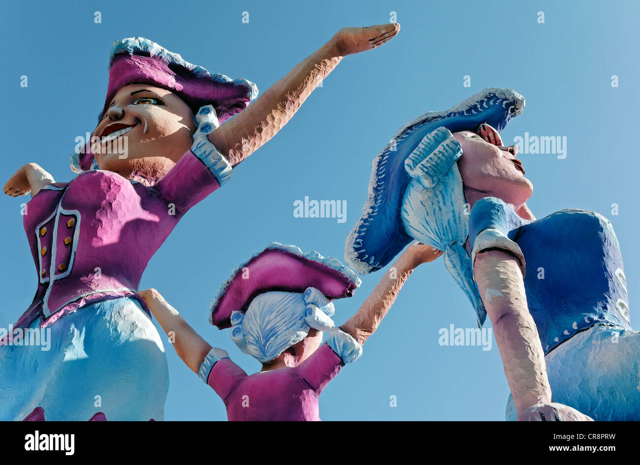 Prinzengarde dancers, paper-mache figures, parade float at the Rosenmontagszug Carnival Parade 2011, Duesseldorf Stock Photo
