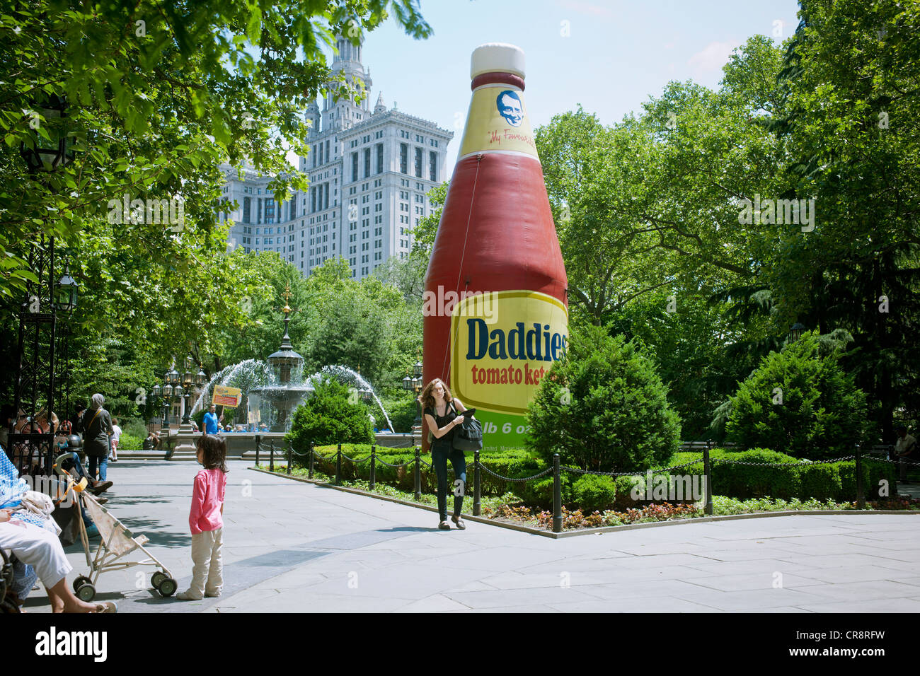The inflatable sculpture 'Daddies Ketchup', 2001, by the artist Paul McCarthy is seen in New York City Hall Park Stock Photo