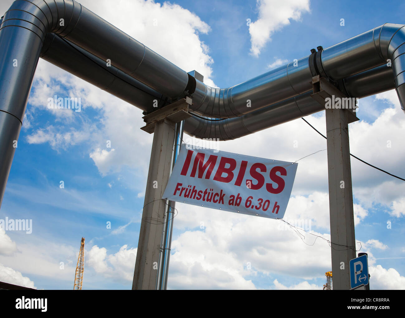 Sign for an Imbiss, German for 'snack bar', offering breakfast from 6:30am, at a construction site, Berlin, Germany, Europe Stock Photo