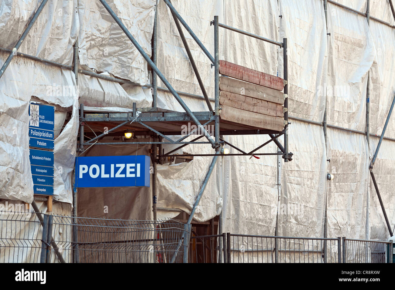 Entrance with scaffolding at the police headquarters of Potsdam