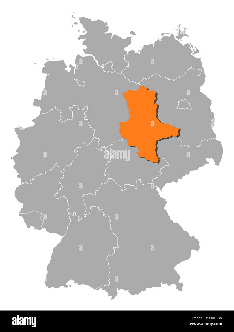 Political map of Germany with the several states where Saxony-Anhalt is highlighted. Stock Photo