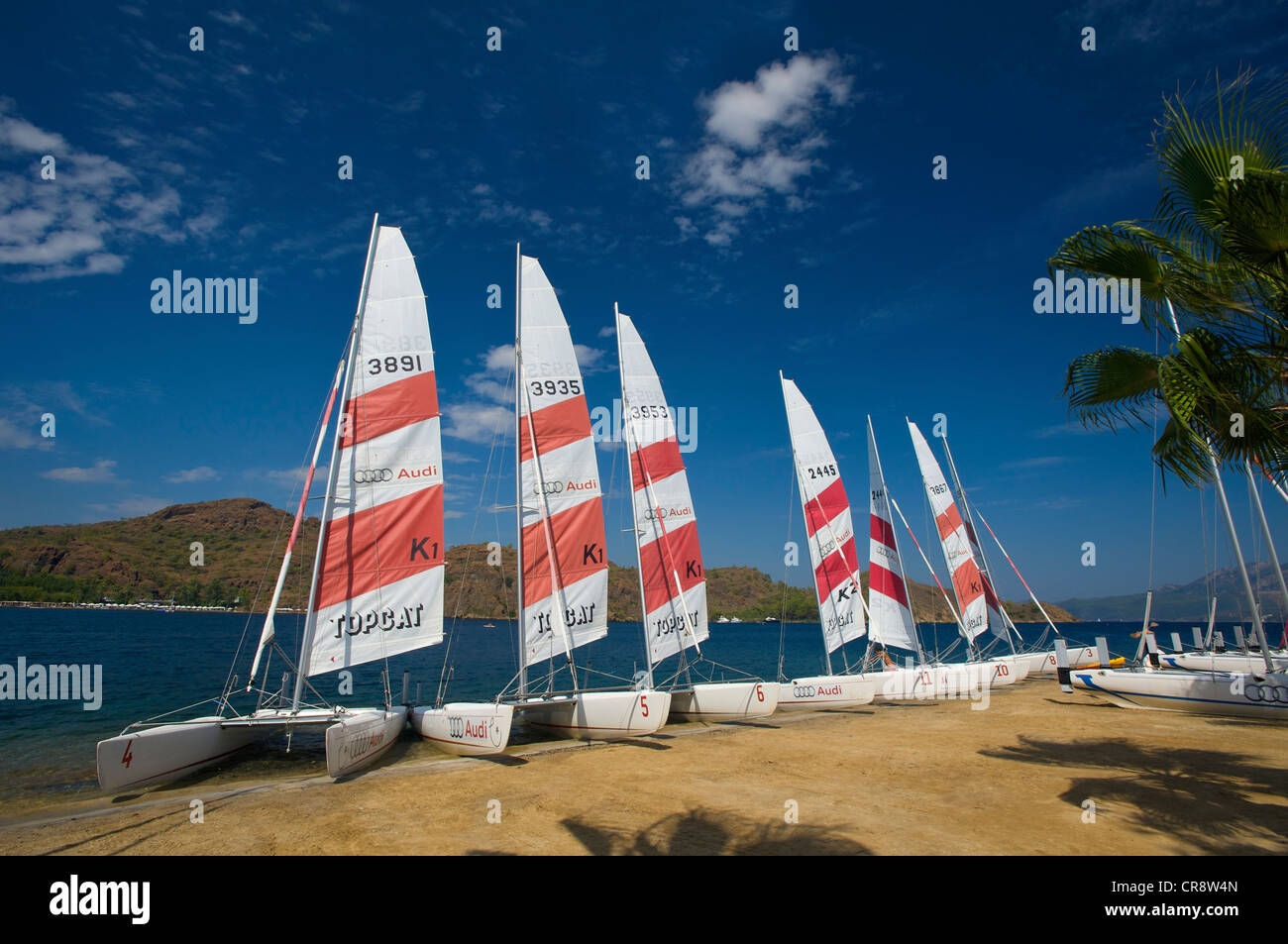 Catamarans on the beach of the D-Hotel Maris in Marmaris, Turkish Aegean Coast, Turkey Stock Photo