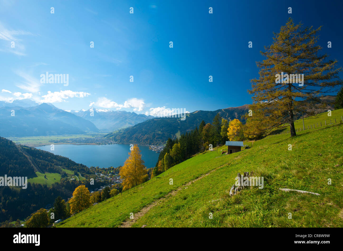 Lake Zell, view of Thumersbach, Schuettdorf and Hohe Tauern mountain range, Pinzgau region, Salzburger Land, Austria, Europe Stock Photo