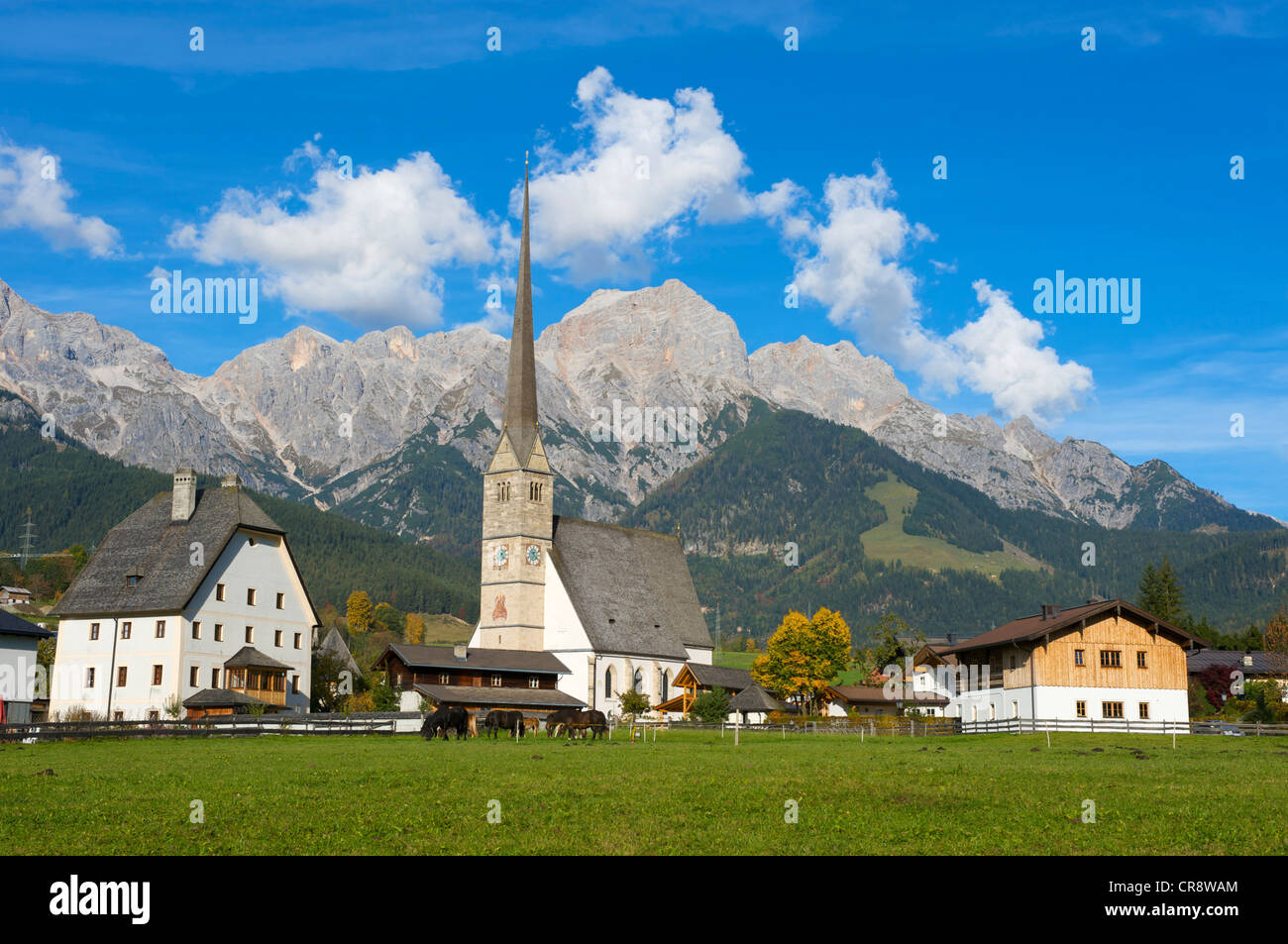 Maria Alm, Steinernes Meer high karst plateau at the back, Pinzgau region, Salzburger Land, Austria, Europe Stock Photo