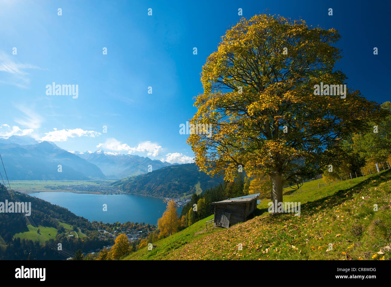 Zeller Lake overlooking Thumersbach, Schuettdorf and the Hohe Tauern range, Pinzgau region, Salzburger Land, Austria, Europe Stock Photo