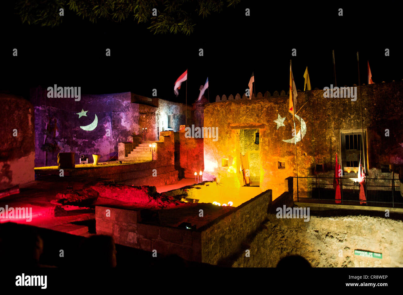 Stage of an evening performance in Mombasa. Kenya, East Africa. Stock Photo