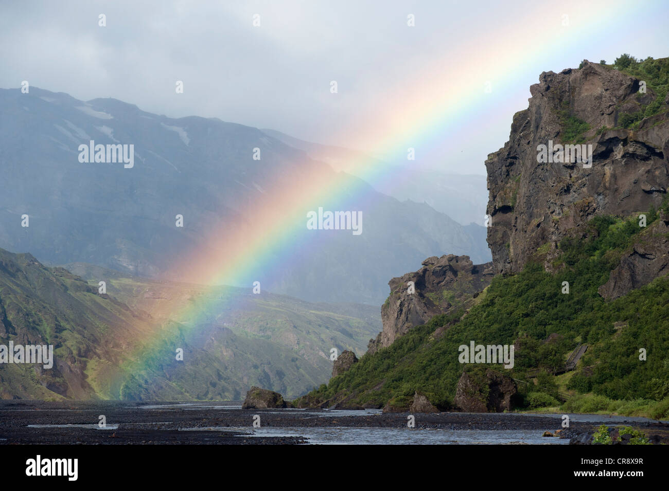 Rainbow over the Krossá River, Þórsmoerk, Iceland, Europe Stock Photo