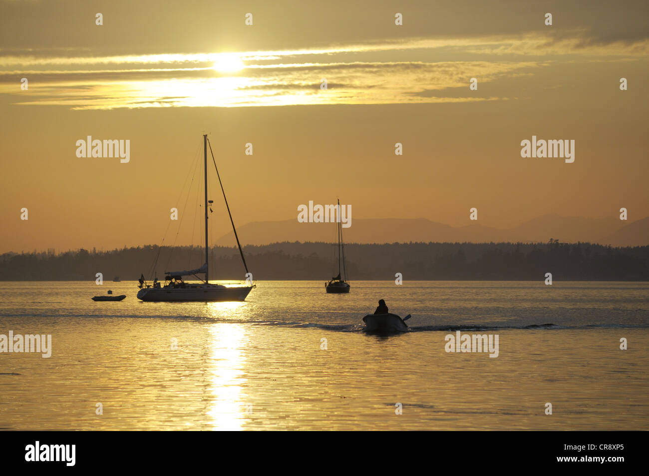 Boats at anchor, Sidney Spit, Gulf Islands National Park Reserve of Canada, Sidney Island, British Columbia, Canada Stock Photo