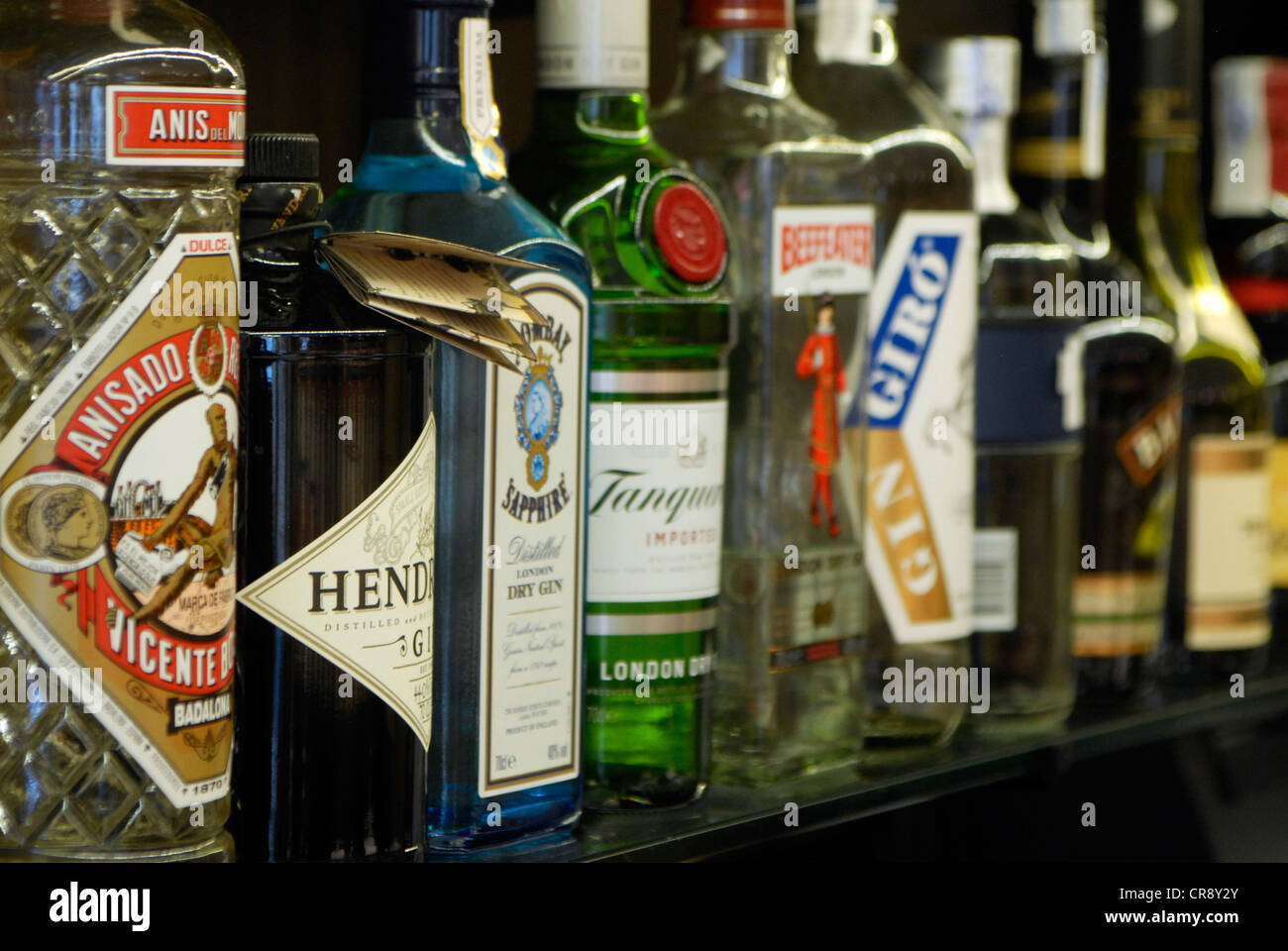Bottles on shelves in a bar in Barcelona, Spain. Stock Photo