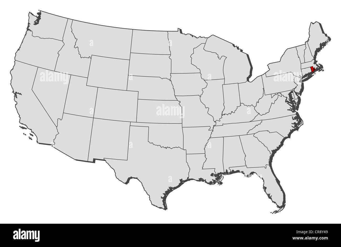 Political map of United States with the several states where Rhode Island is highlighted. Stock Photo