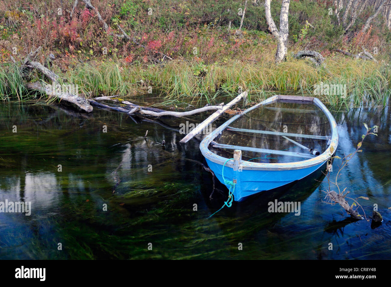 Old sunken boat in a creek, Rondane National Park, Norway, Europe Stock Photo