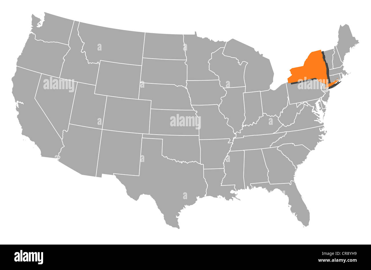 Political map of United States with the several states where New York