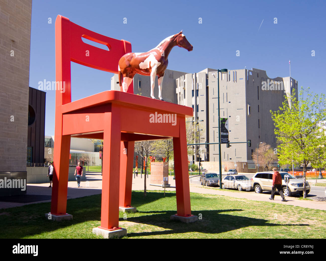 The Yearling by Donald Lipski, Red Chair and Pinto Pony Sculpture, Denver, Colorado Stock Photo