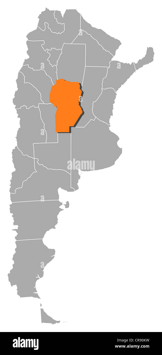 Political map of Argentina with the several provinces where Córdoba is highlighted. Stock Photo