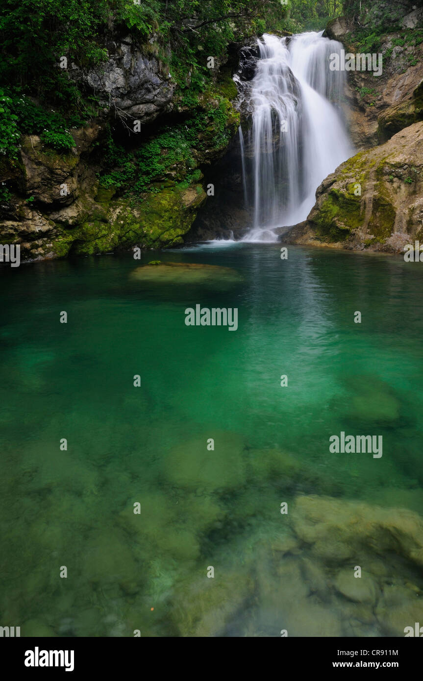 Waterfall on the Radovna at the end of the Vintgar gorge, Slovenia, Europe Stock Photo