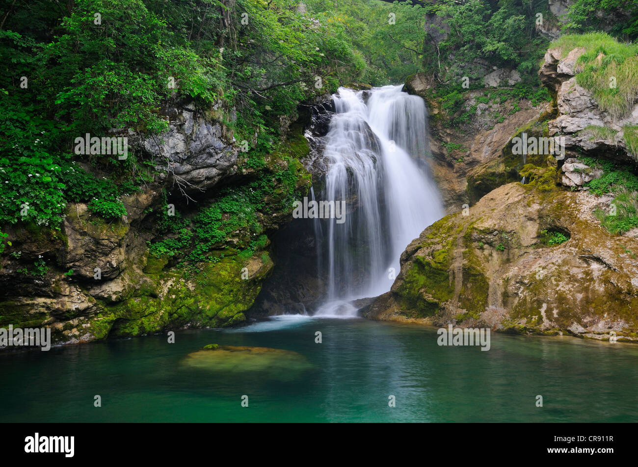 Waterfall on the Radovna at the end of the Vintgar gorge, Slovenia, Europe Stock Photo