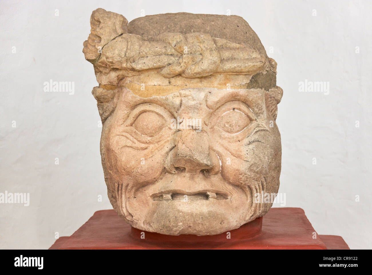 Carved face at Copan Ruins, Maya Site of Copan, UNESCO World Heritage site, Honduras Stock Photo