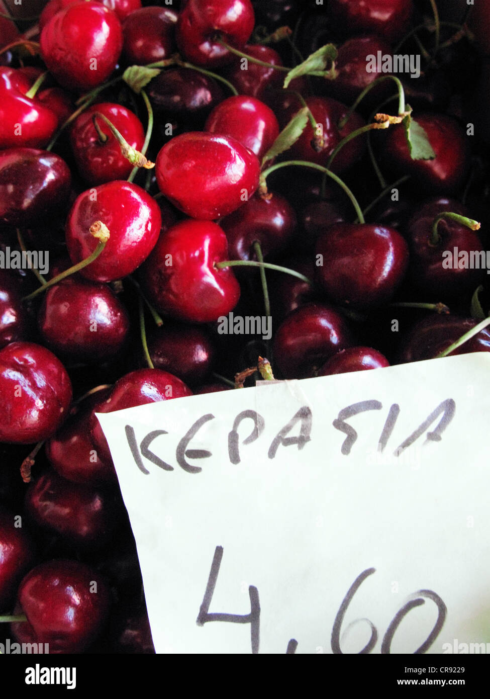 Fresh Cherries on sale in a Greengrocers store in Galatas village, Crete, Greece Stock Photo